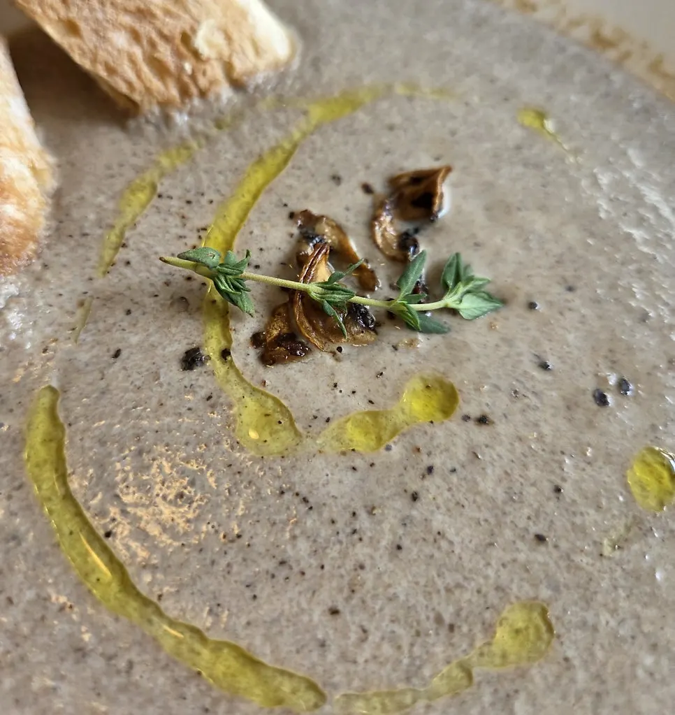 Close-up of minced mushroom on top of the soup