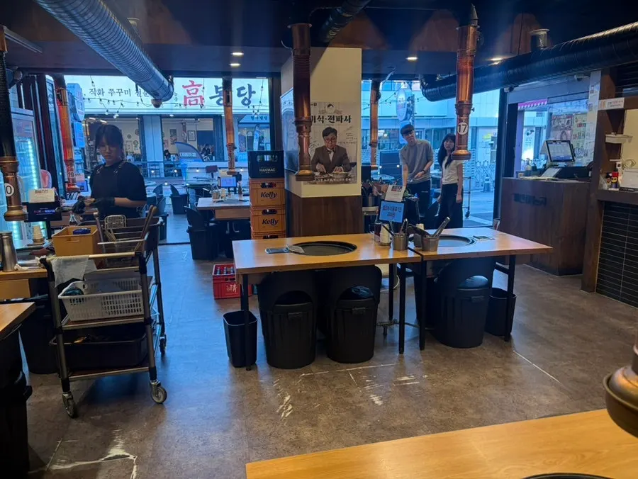 Many tables set up inside Daepae Market