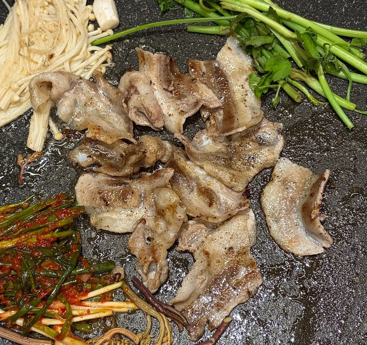 A thick serving of Jeju five-layer pork belly