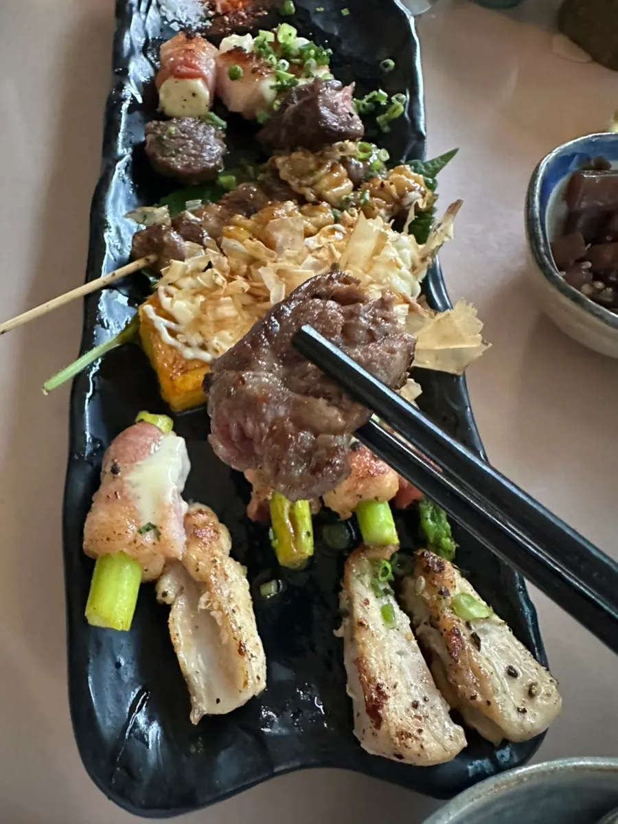 Yakitori including chicken hearts and wagyu