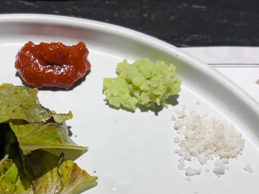 Ssamjang, wasabi, and salt trio of dipping sauces