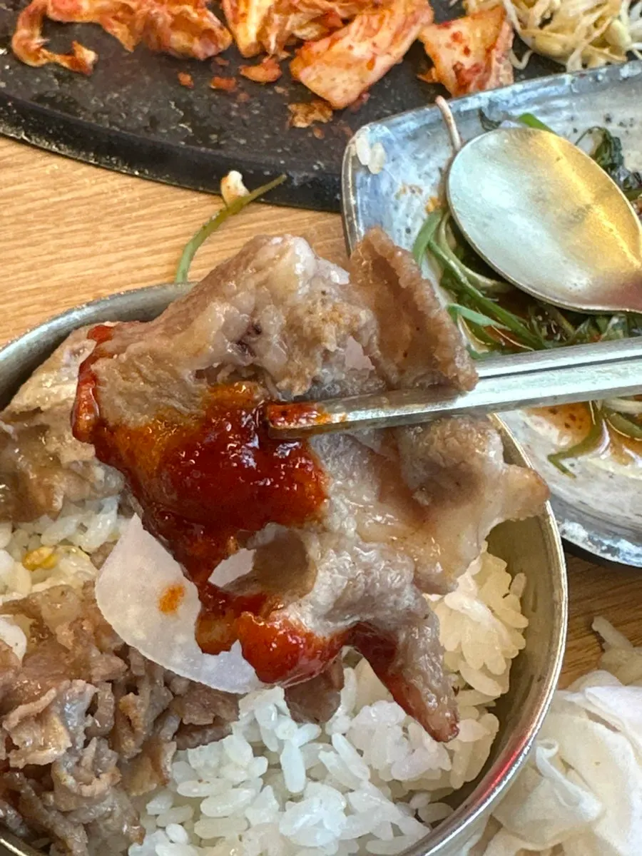 Meat dipped in the special sauce with pickled radish