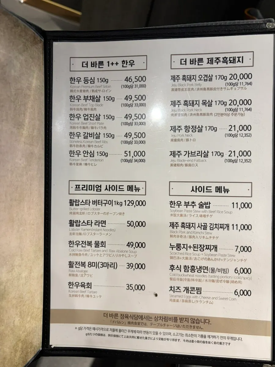 Beef and pork menu board at Deo Bareun Butcher Restaurant