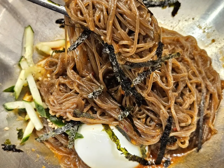 Paldo bibim naengmyeon ordered as a side dish