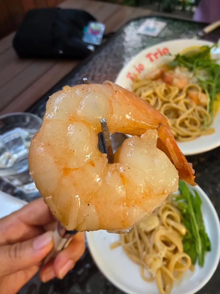 Shrimp oil pasta twirled around a fork