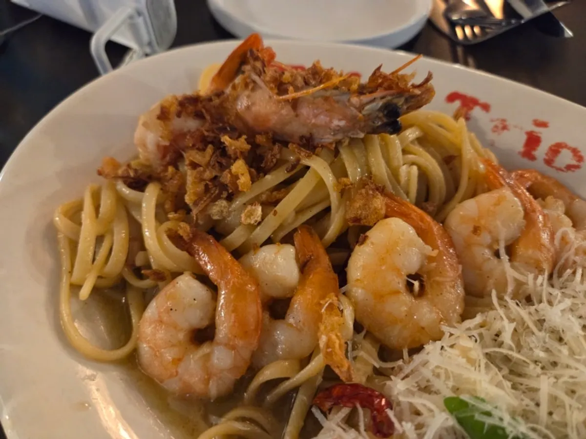 Plate of Pasta Trio's signature shrimp oil pasta