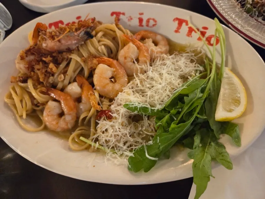 Close-up of Pasta Trio's shrimp oil pasta