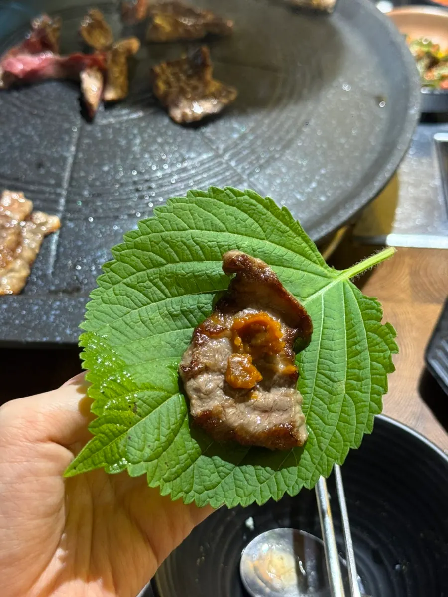 Galbisal wrapped in perilla leaf with ssamjang