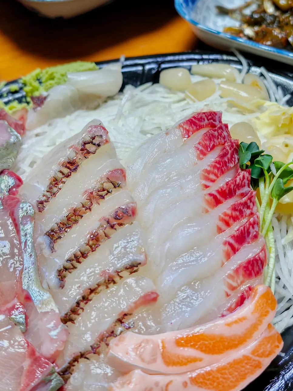 Close-up of the thickly sliced assorted sashimi