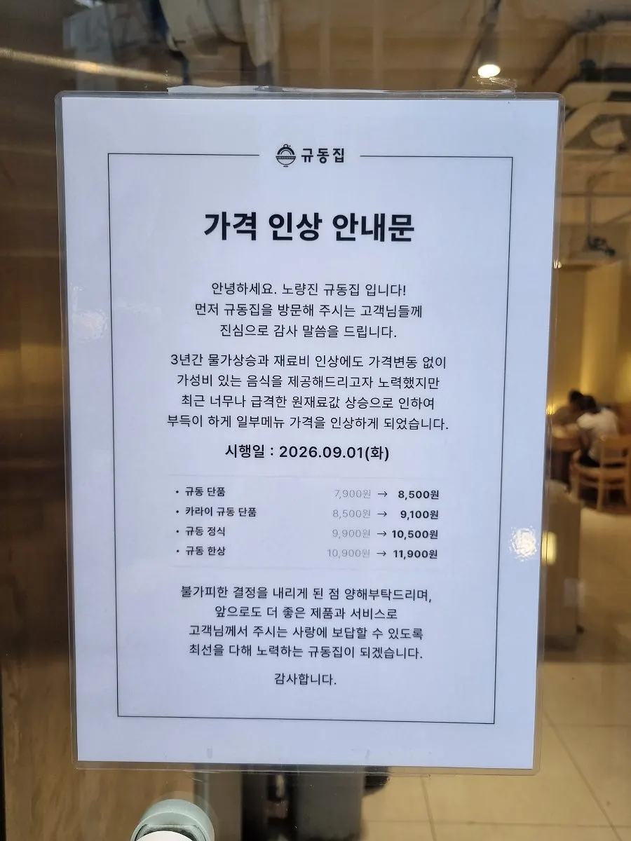Price increase notice at Gyudongjip