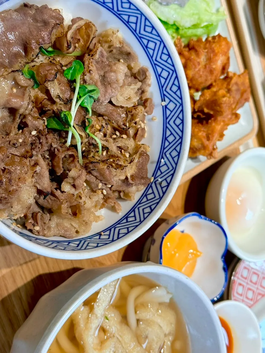 A tray fully loaded with Gyudongjip's set meal
