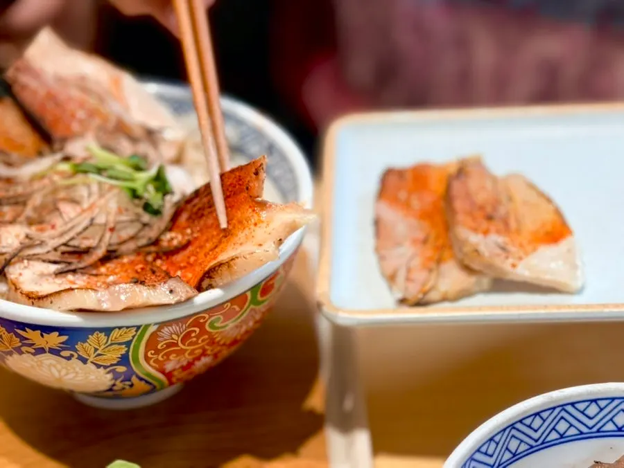 Cross-section of the sous vide chashu cut with scissors