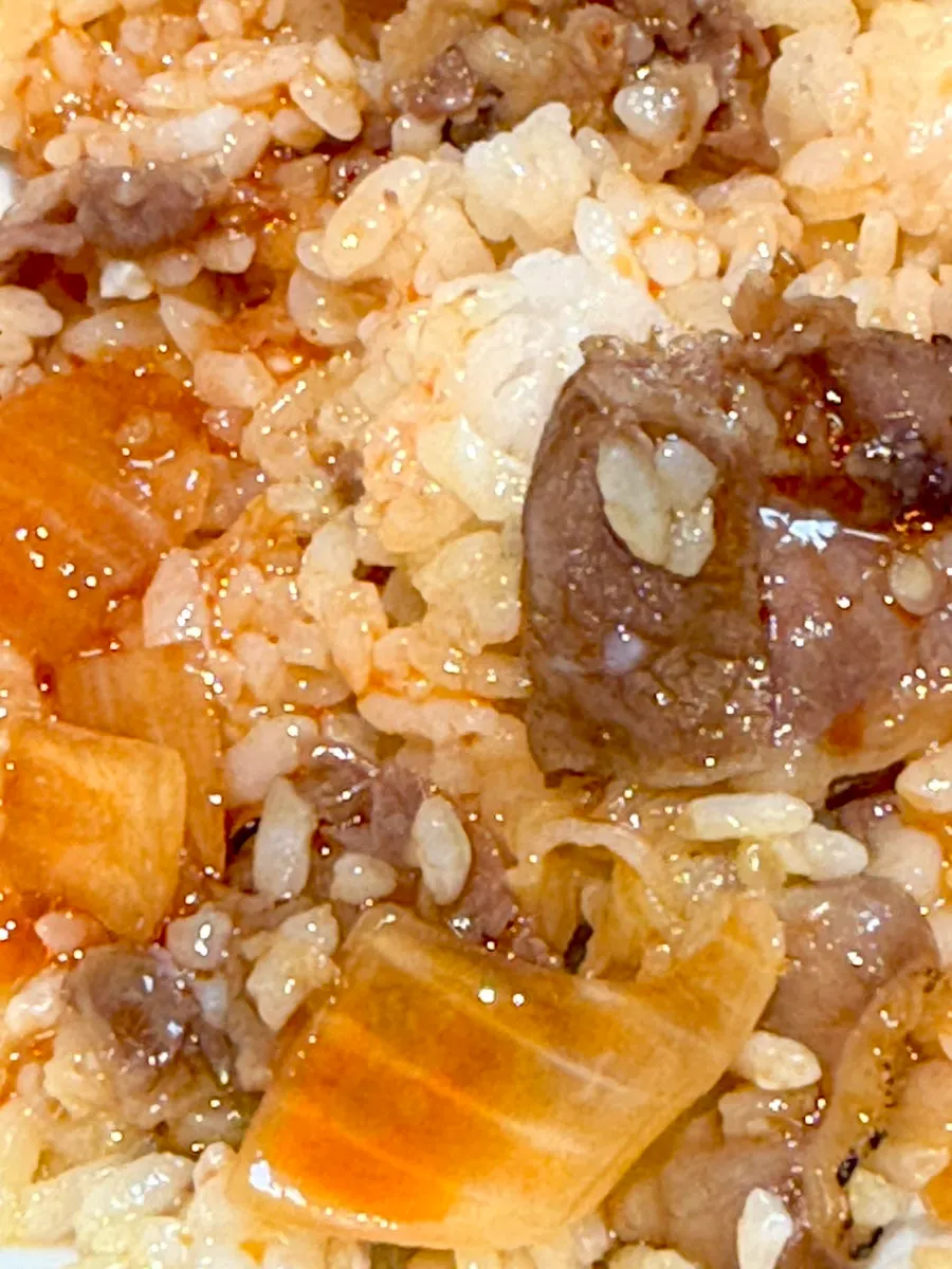A spoonful of rice bowl mixed with the sauce
