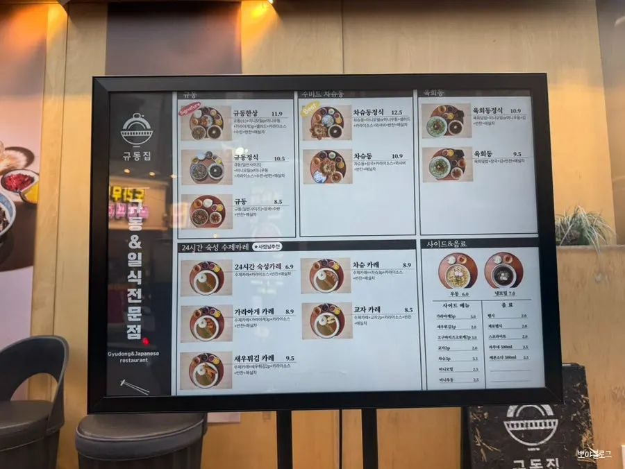Gyudongjip's rice bowl menu posted outside the store