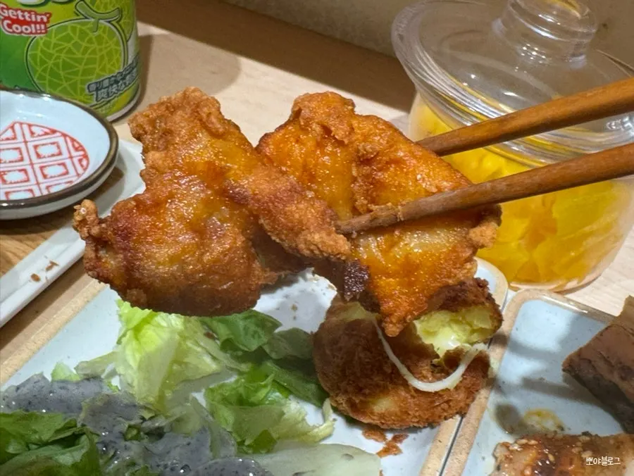 Cross-section of the croquette showing sweet potato and cheese