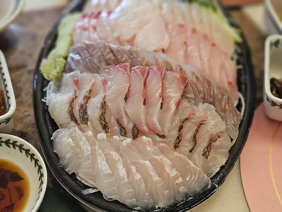젓가락으로 집어 든 생선회