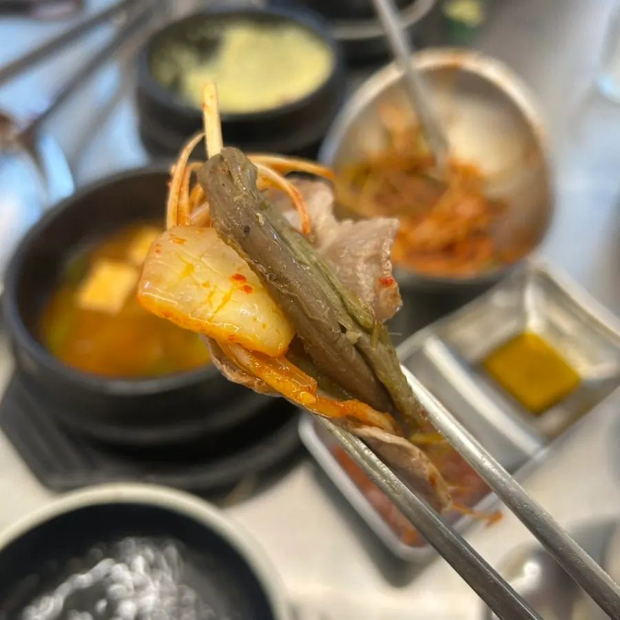고사리와 김치를 곁들인 고기 한 점