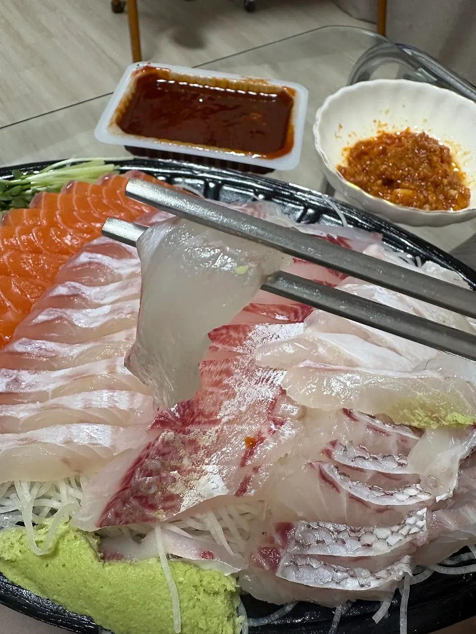 Thick-cut slices of flounder sashimi