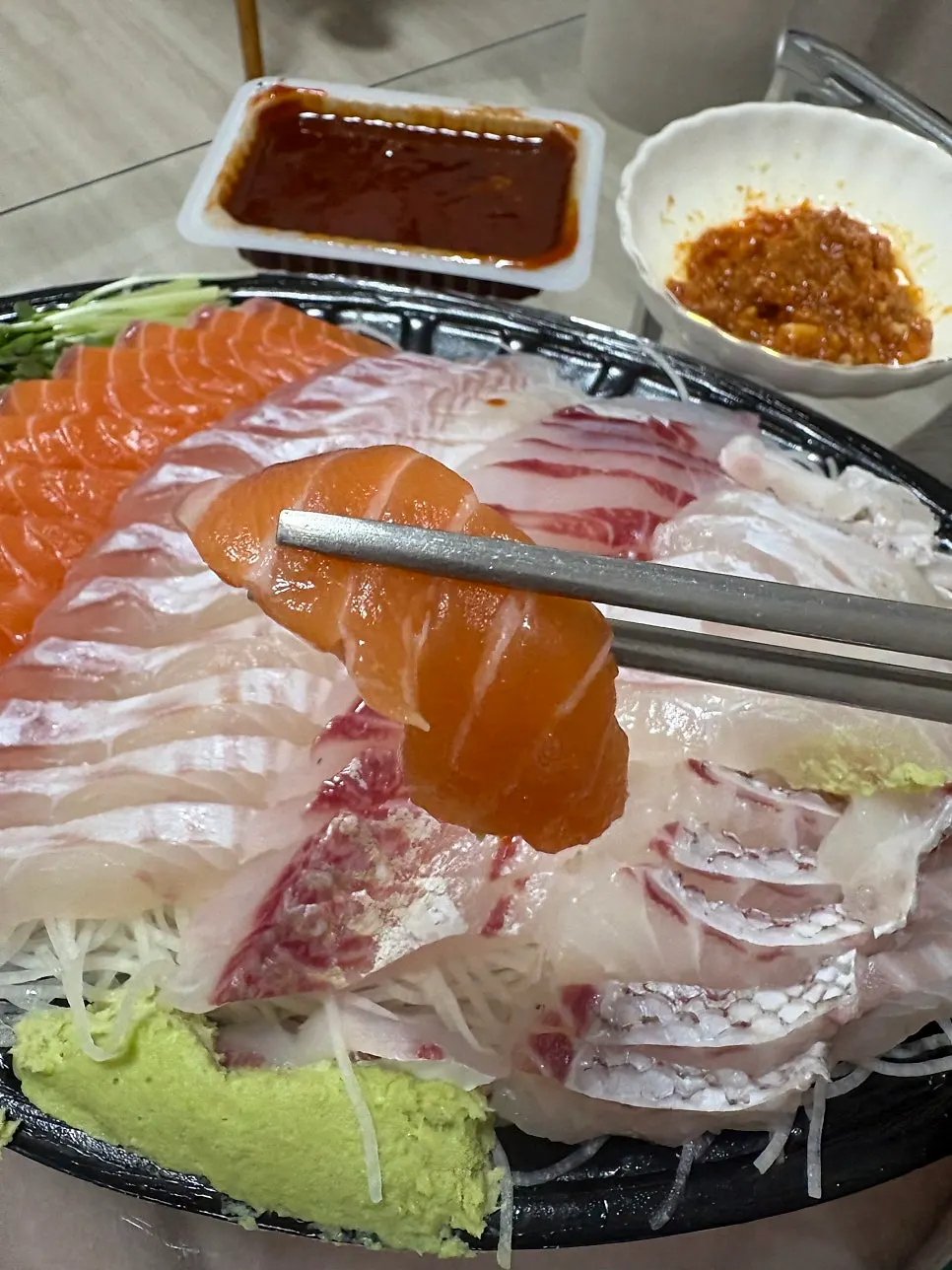 Close-up of red seabream sashimi with great texture