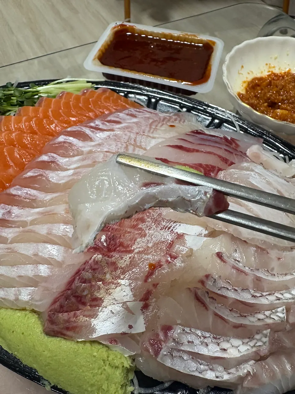 Mullet sashimi included in the assorted platter