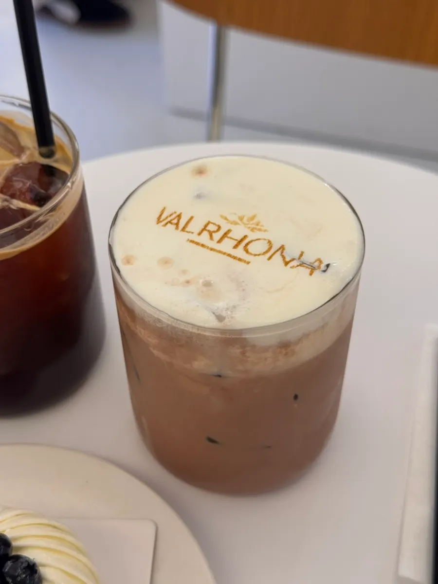 Valrhona Guanaja chocolate latte served in a glass
