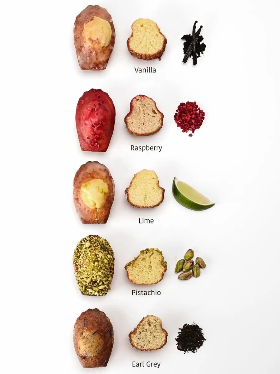 Guide image showing the five madeleine flavors