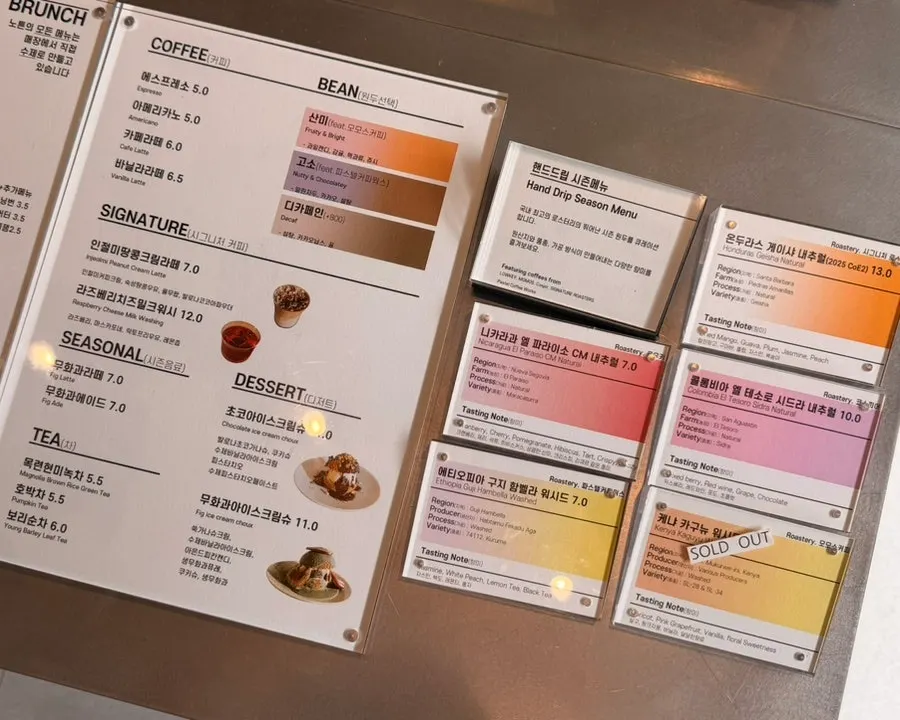 Menu showing hand-drip coffee bean options