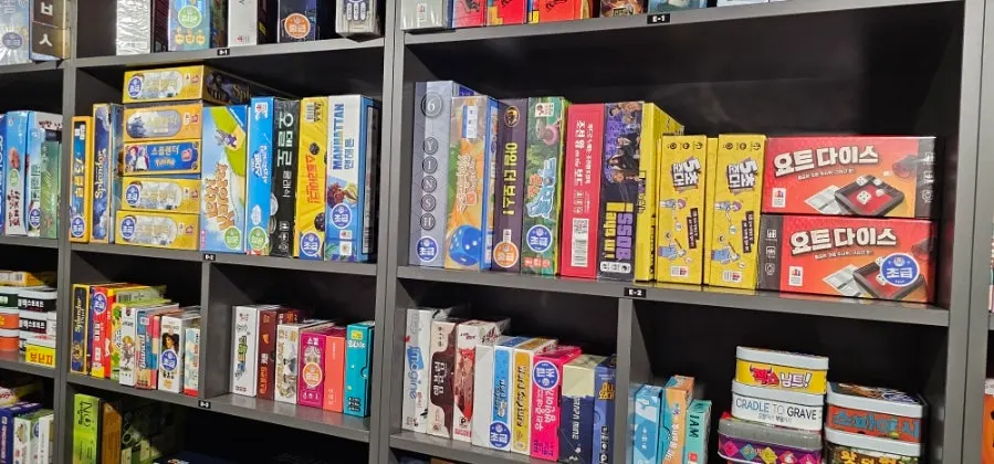 Board games displayed at the café