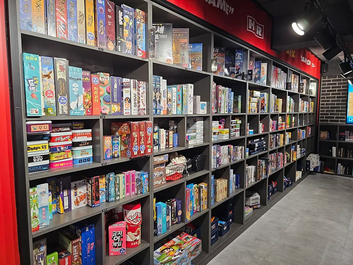 Organized board game display shelves