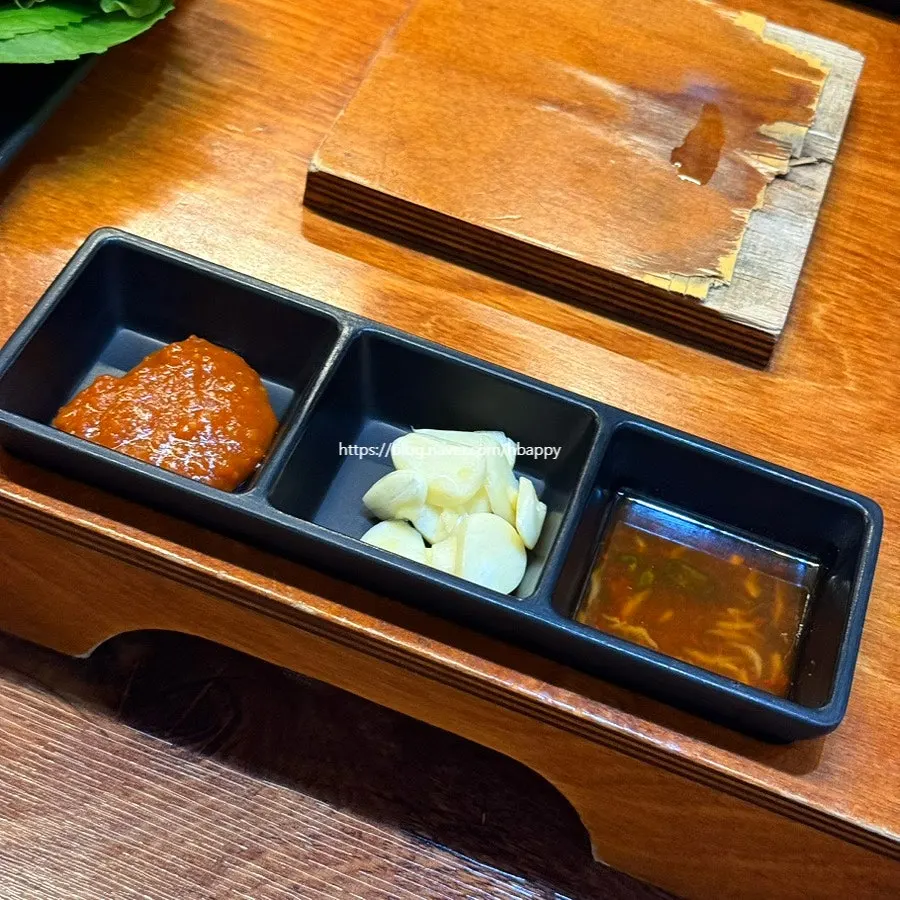 Ssamjang, garlic, and salted shrimp sauces