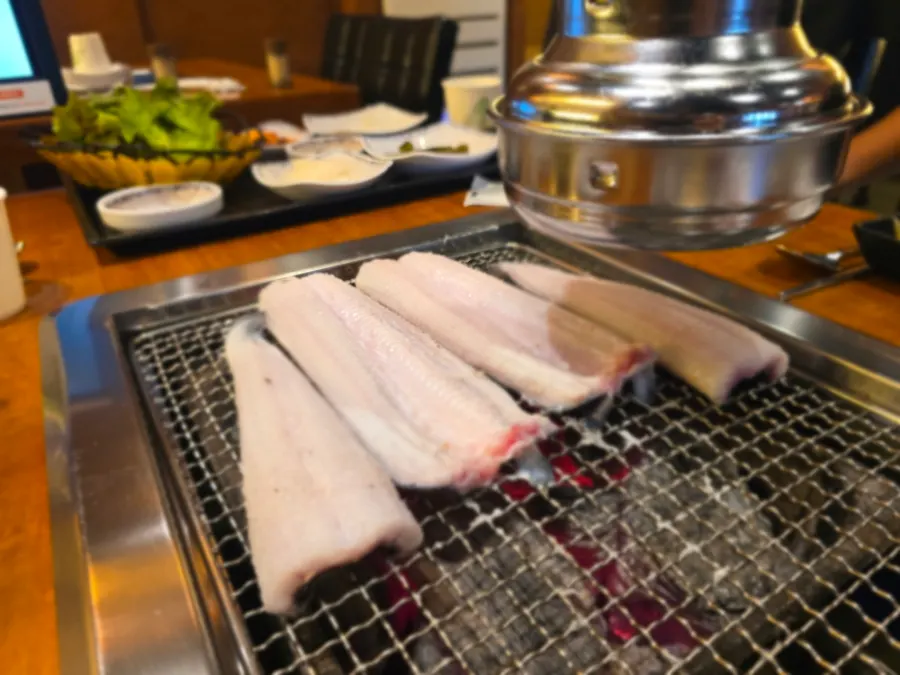 Freshwater eel grilling on a charcoal grill