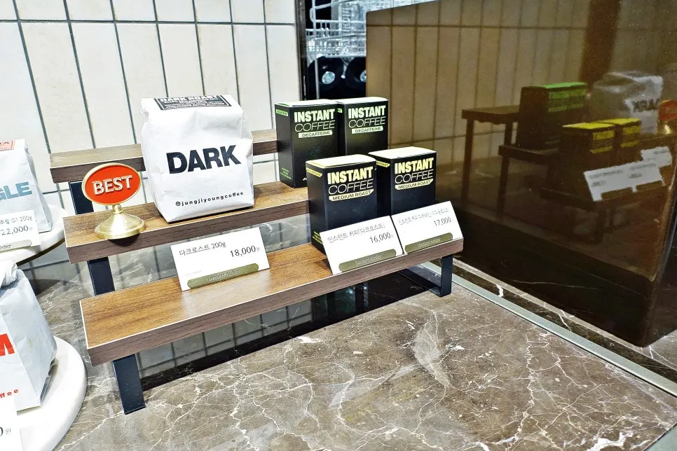 Drip bag display shelf at Jeong Ji-young Coffee Roasters