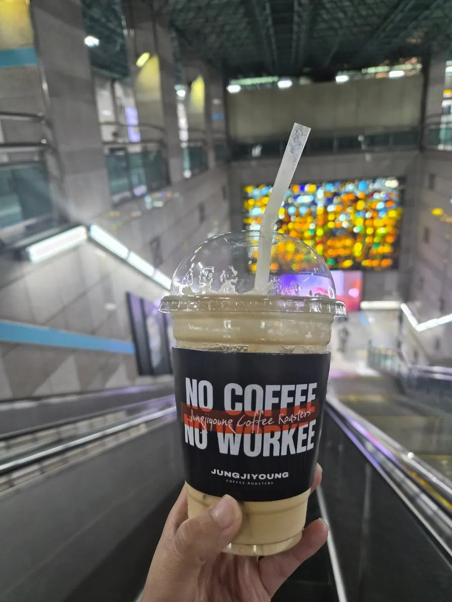 Café goods corner featuring the slogan print