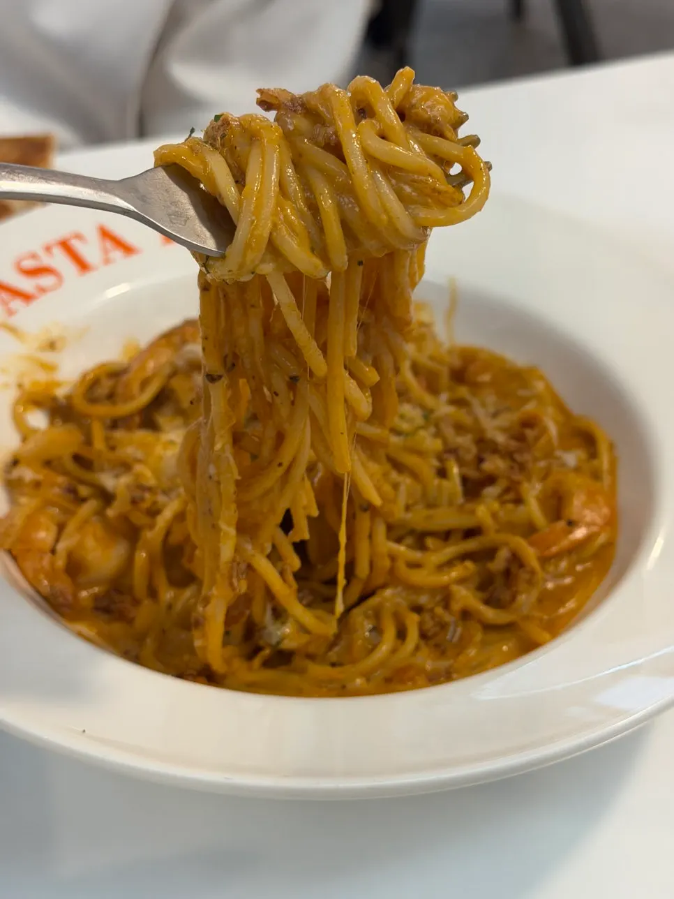 Close-up of the rose pasta with springy shrimp