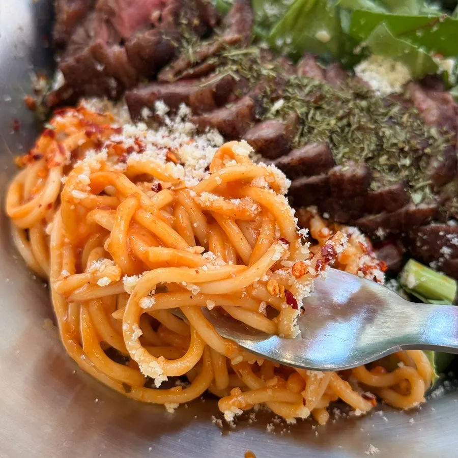 The rosé pasta portion of the beef rosé salad pasta