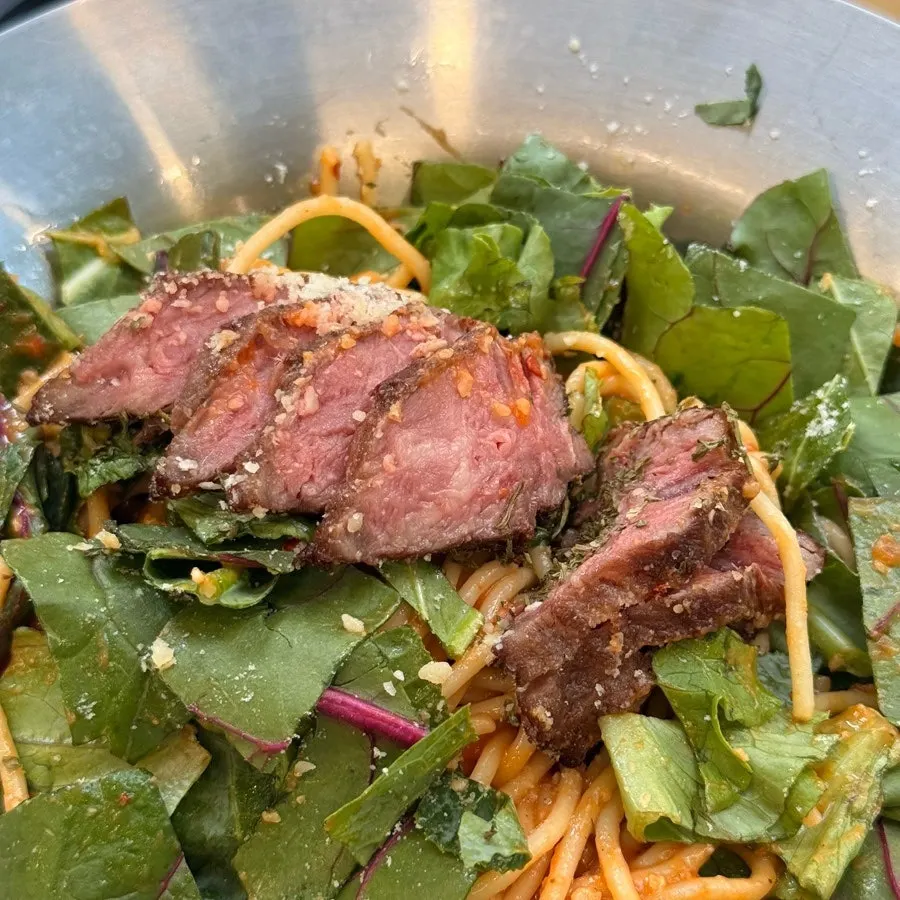 Close-up of the beef steak topping