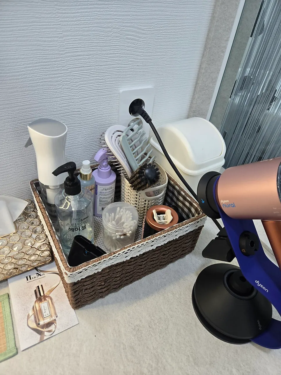 Powder area with a hair dryer and hair products