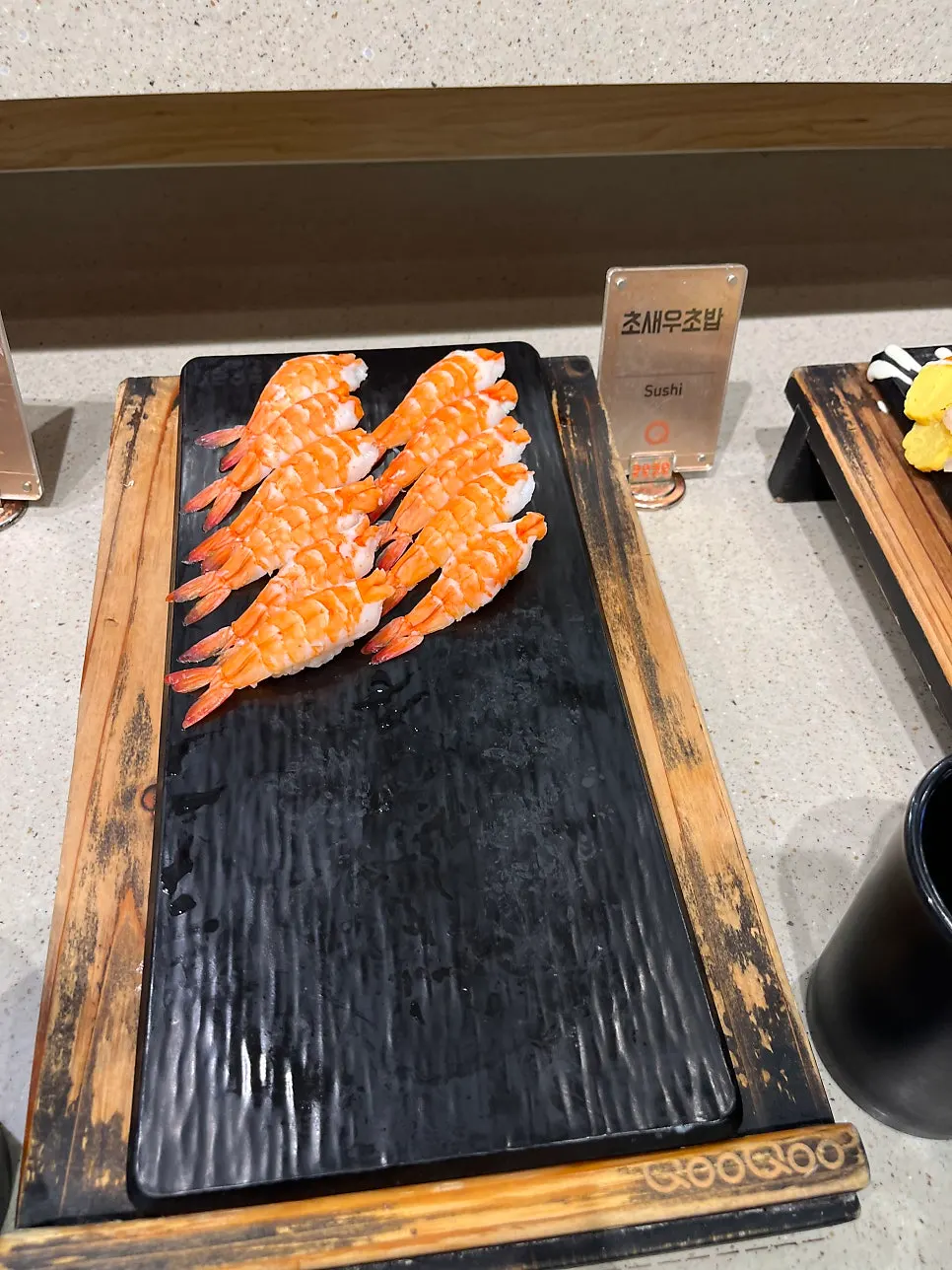 Close-up of the upgraded shrimp sushi