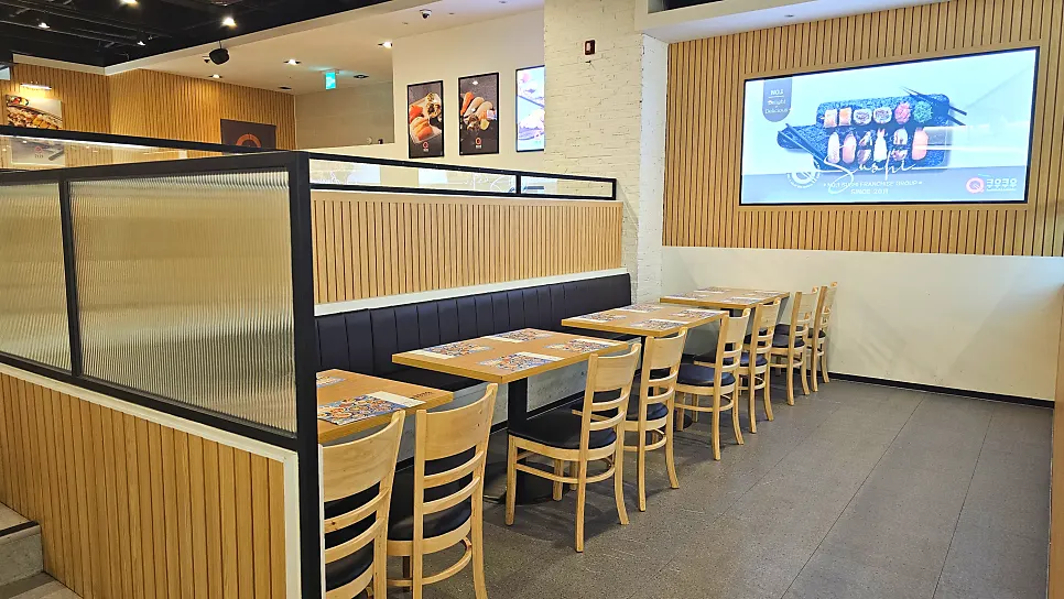 Buffet table area divided by partitions