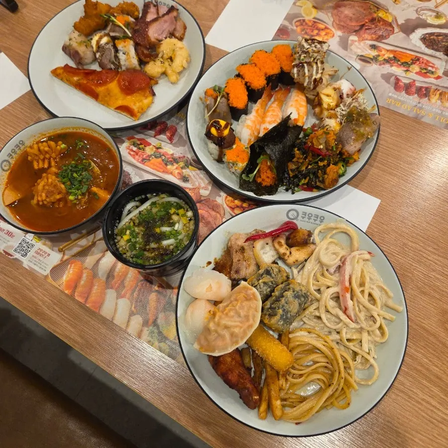Plate of seafood and buffet dishes