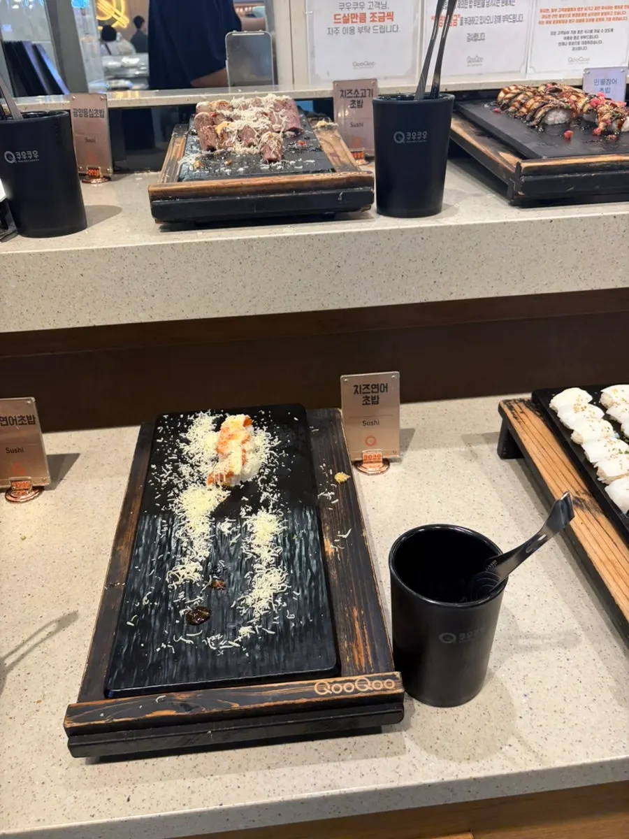 Sushi displayed at the sushi buffet