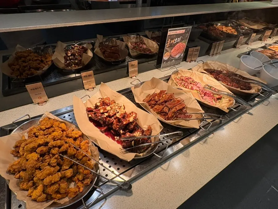 Food laid out at the buffet stations