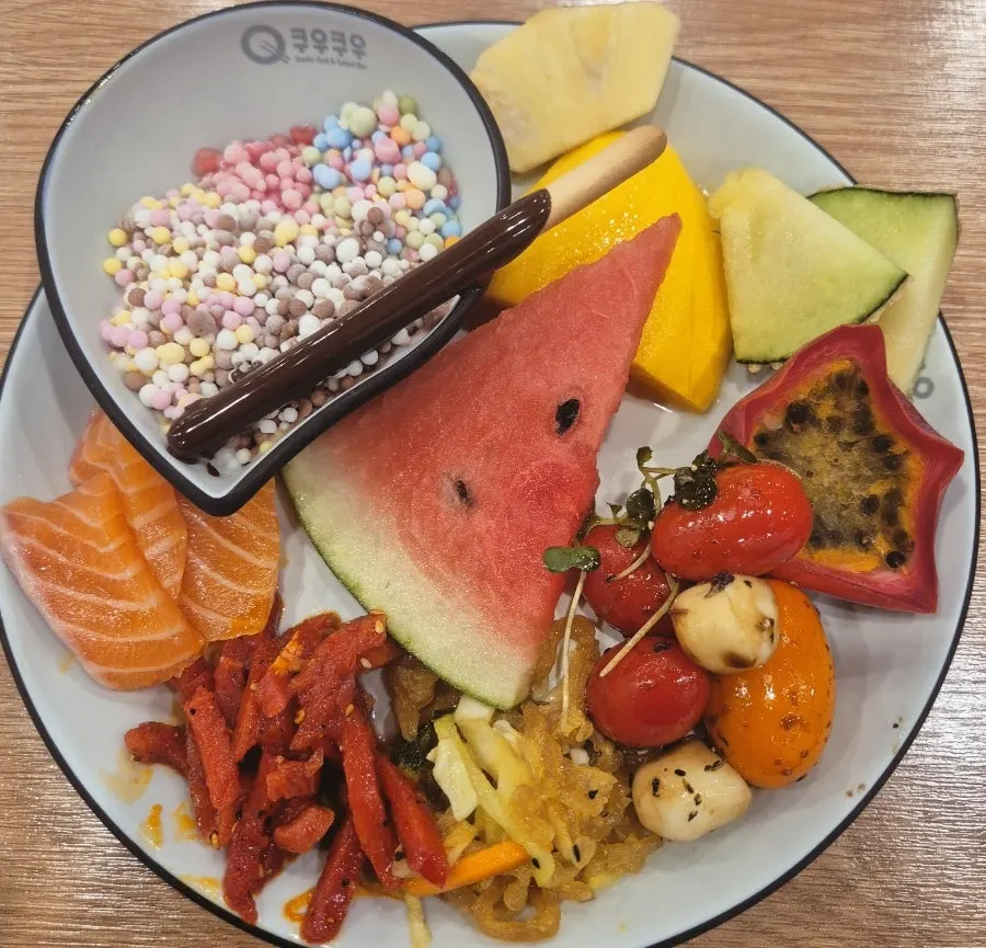 A plate of fruit dessert including mango