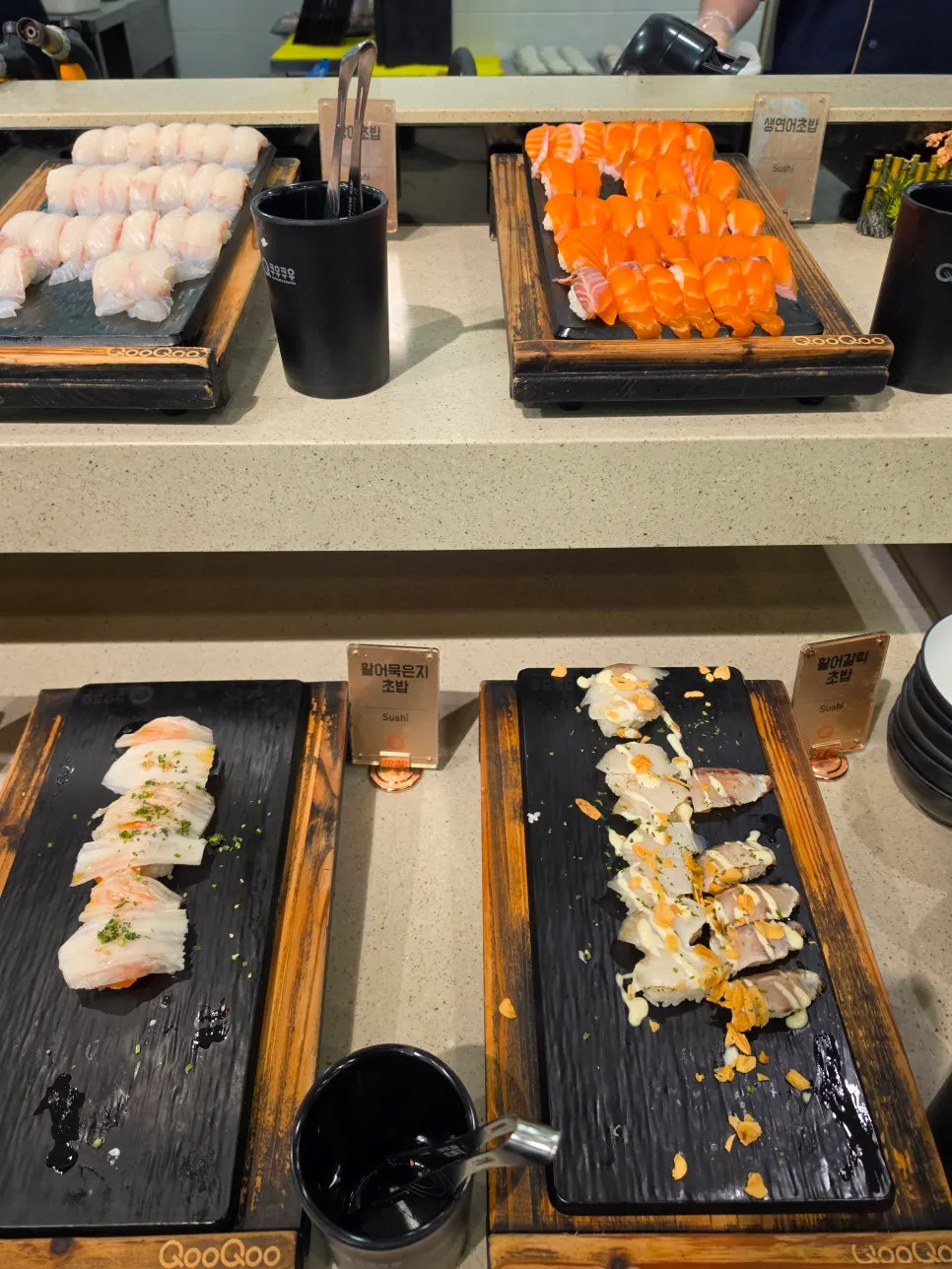 Sushi corner with flounder sushi and aged kimchi raw fish sushi