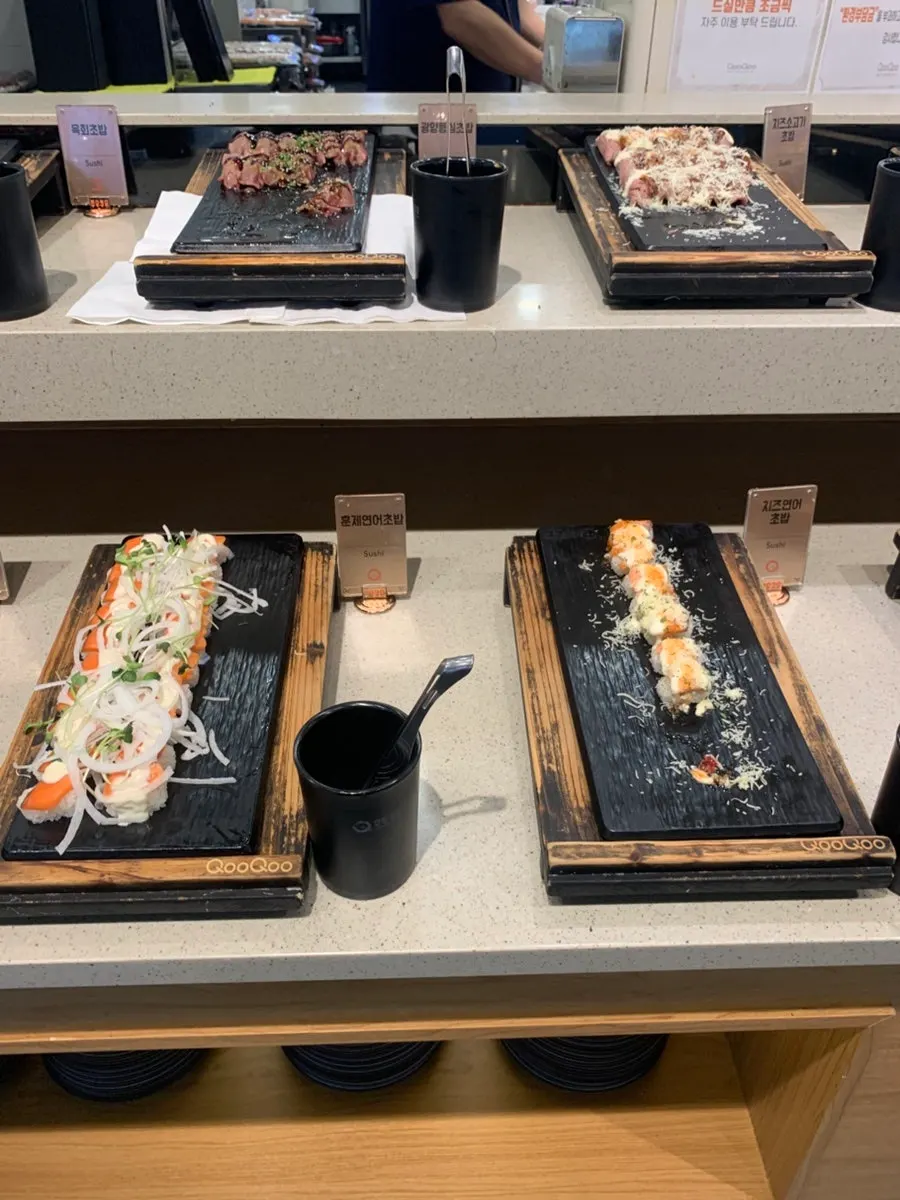 Sushi displayed at the buffet counter