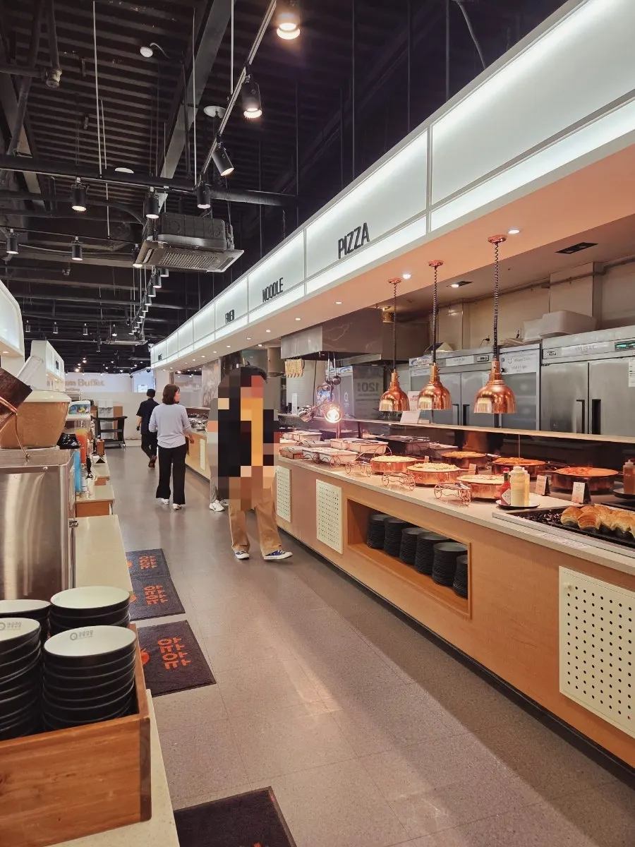 Softly lit buffet food station