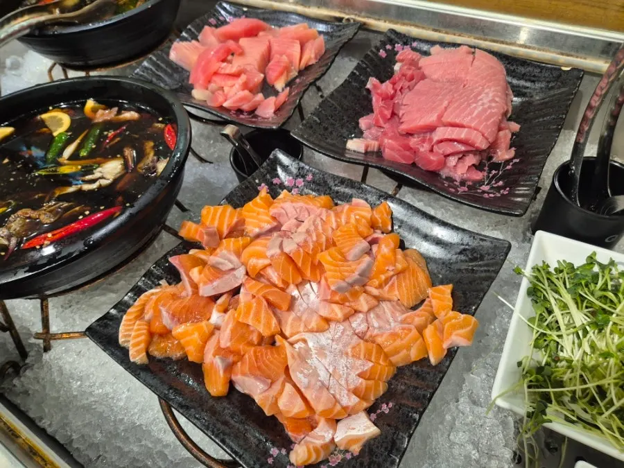Sushi buffet hall with family tables