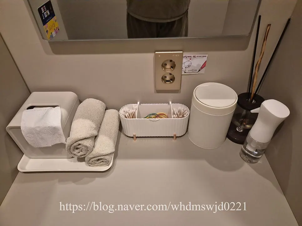 Powder room mirror and amenities