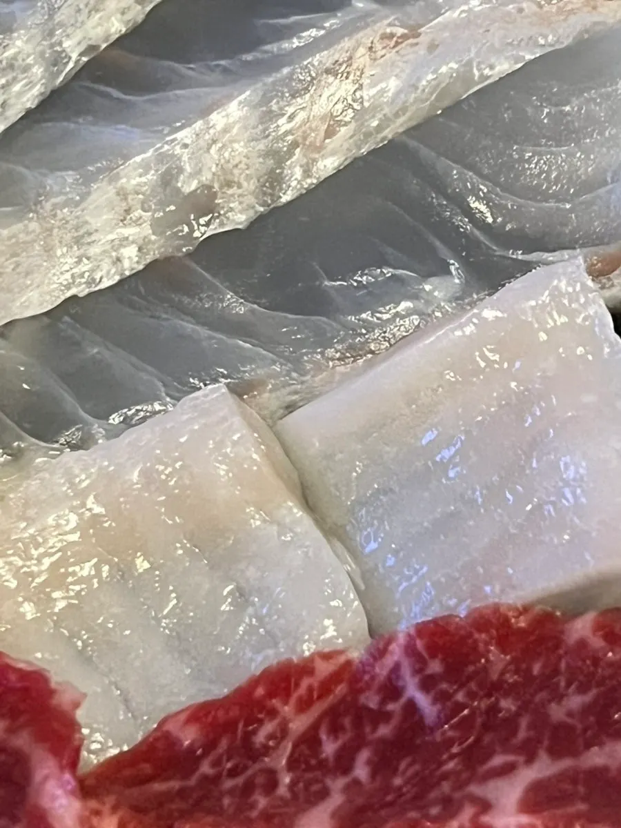 Vividly colored aged sashimi from the Noryangjin dawn market