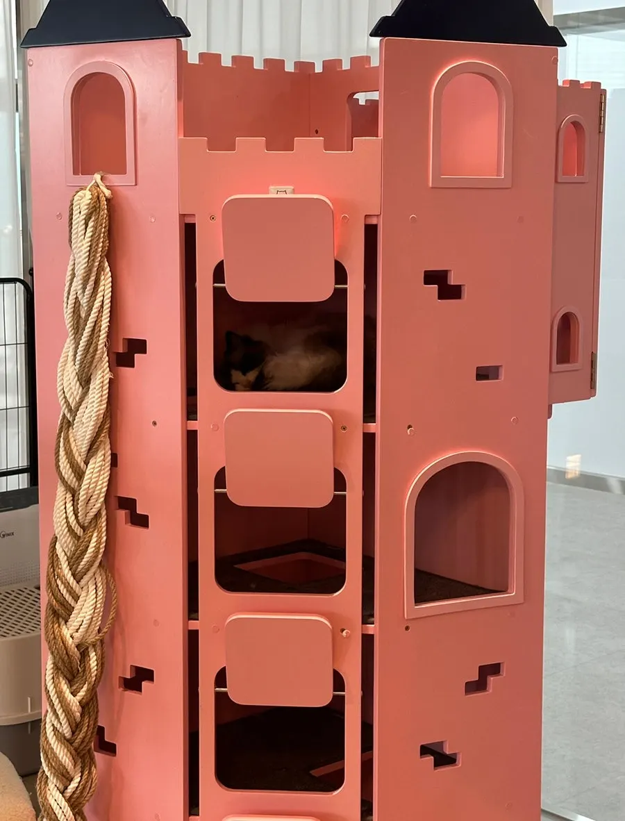 Large pink castle-shaped cat tower